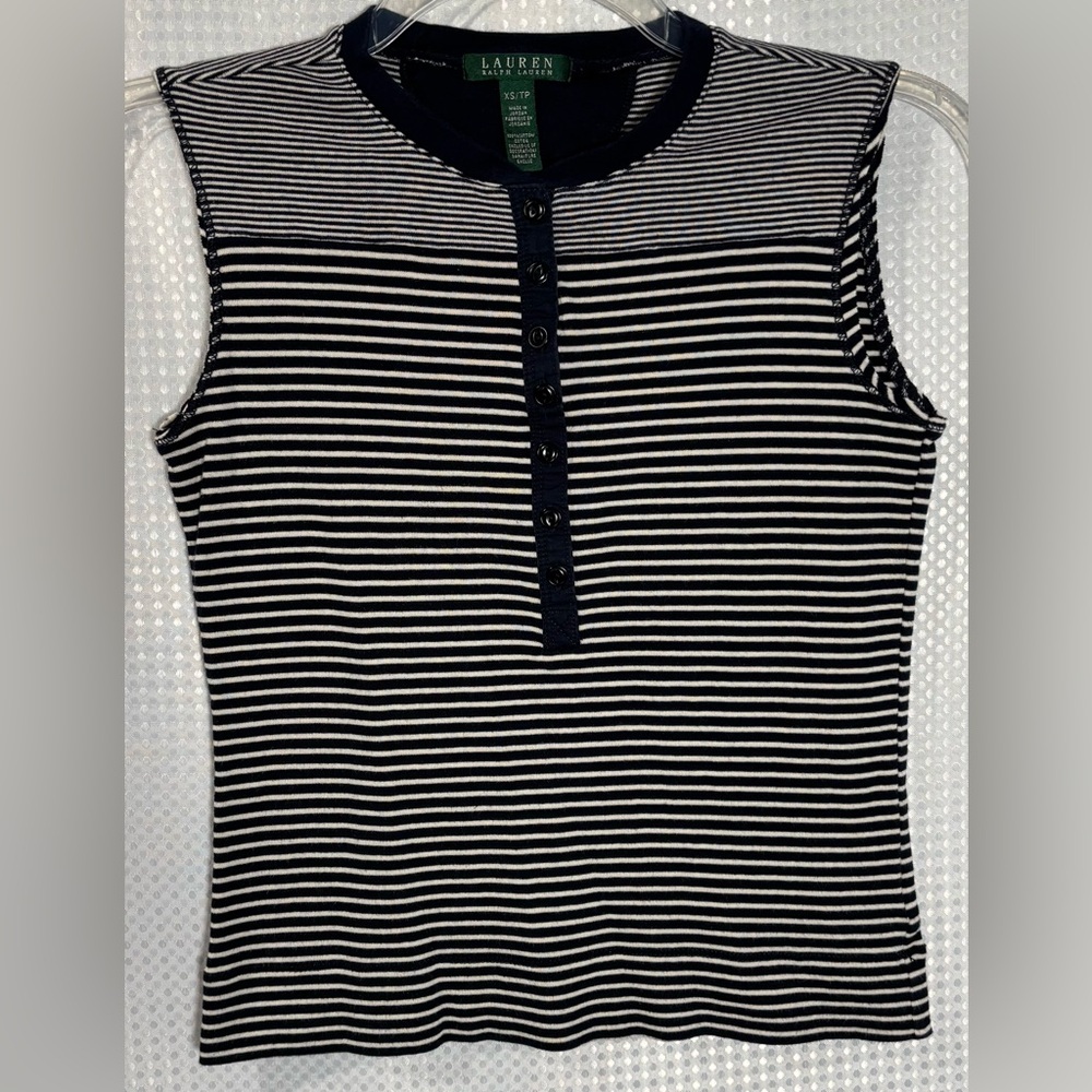 Ralph Lauren Black and White Striped Sleeveless Henley Tank